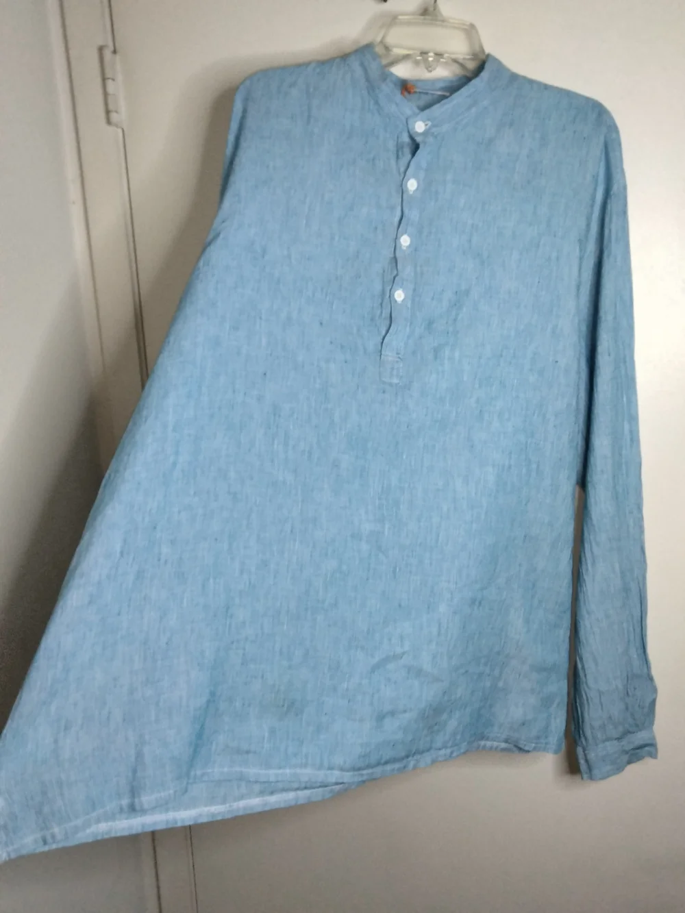 Moraitis Linen (Size XL) Men's Light Blue Linen Button Henley LS Popover Shirt
